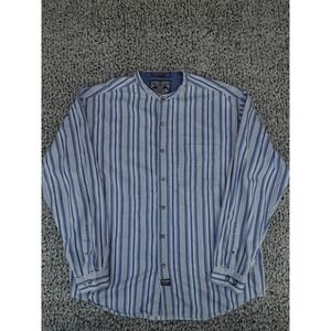Coliseum Mens XL Blue White Striped‎ Band Collar Long Sleeve Cotton Button Shirt